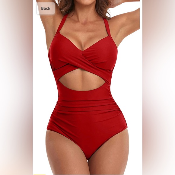 Tummy Control Full coverage one piece bathingsuit swim swimwear Red cut out - Picture 1 of 6